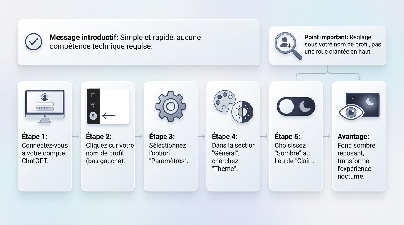 Capture d'écran illustrant l'activation du mode sombre dans les paramètres de ChatGPT sur bureau