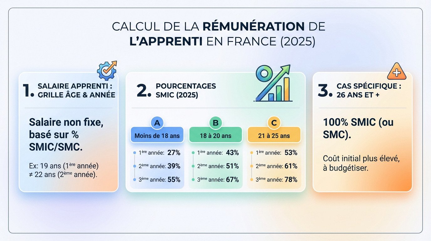 Tableau de calcul de la rémunération d'un apprenti en France pour 2025 selon l'âge et l'année de contrat