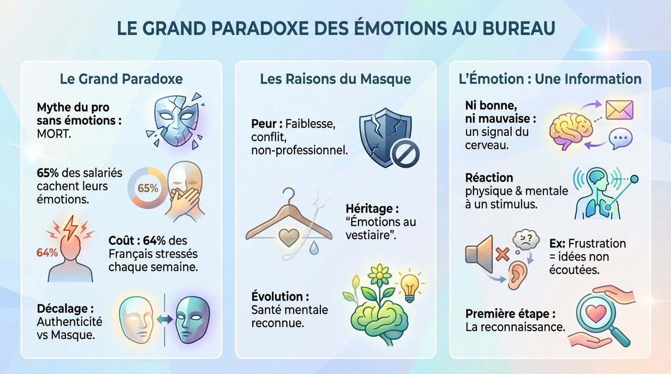 Illustration symbolisant le paradoxe des émotions cachées au travail et le masque social