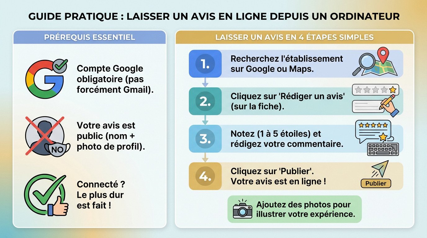 Interface pour laisser un avis Google sur ordinateur étape par étape