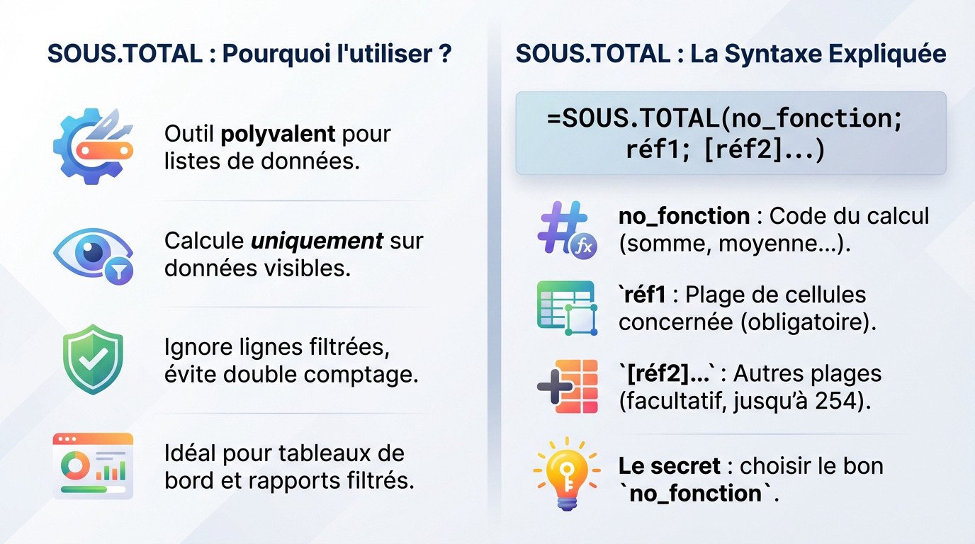 Illustration de la syntaxe et de l'utilisation de la fonction SOUS.TOTAL dans une feuille de calcul Excel