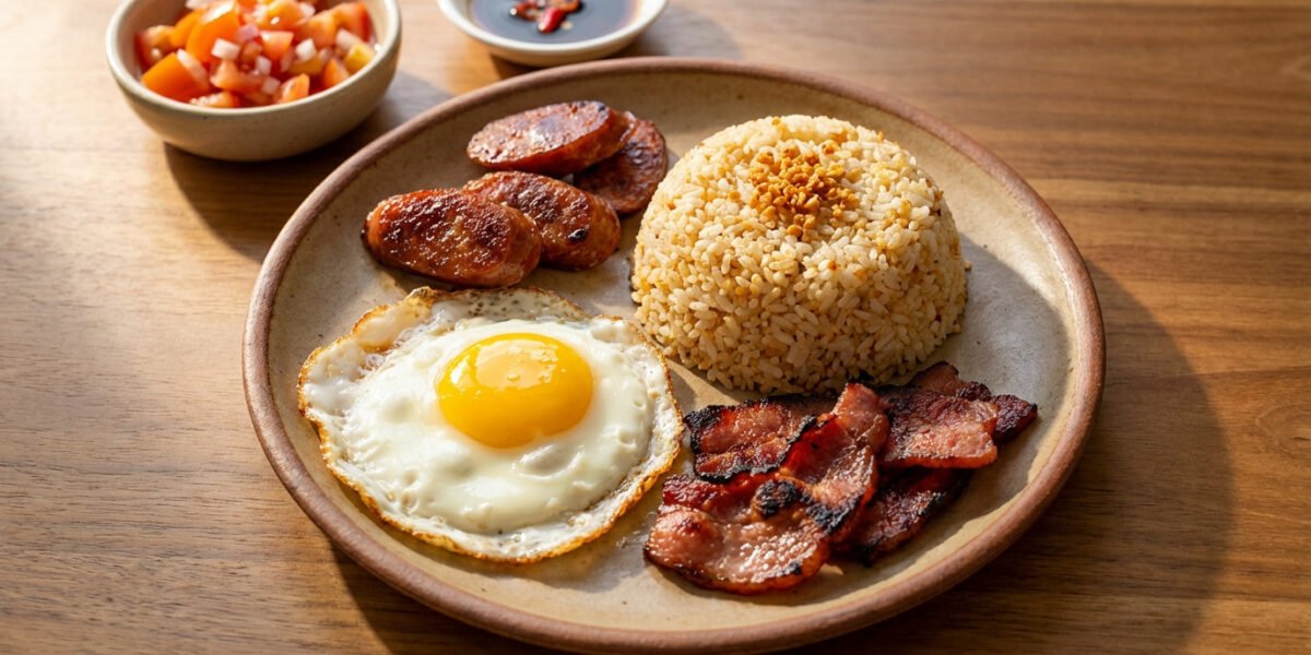 Plat de silog avec riz frit à l'ail, œuf au plat et viande, petit-déjeuner philippin