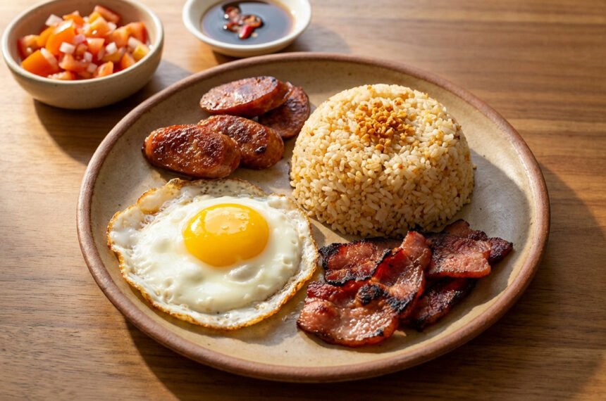 Plat de silog avec riz frit à l'ail, œuf au plat et viande, petit-déjeuner philippin