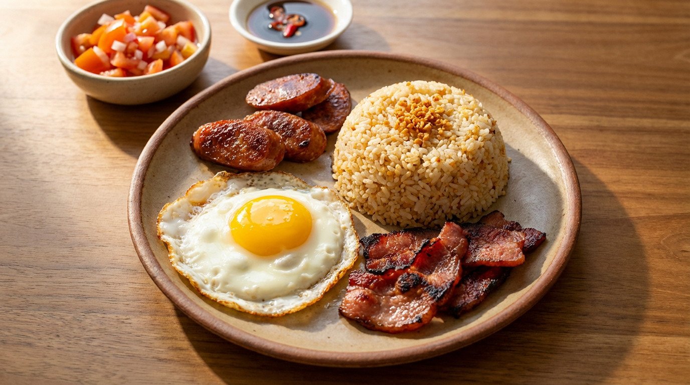 Plat de silog avec riz frit à l'ail, œuf au plat et viande, petit-déjeuner philippin