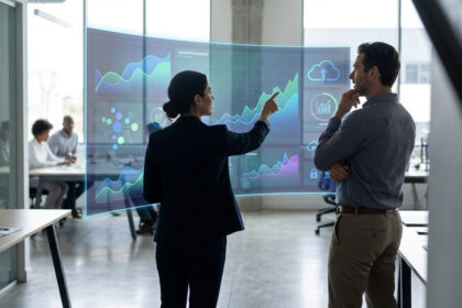 Deux professionnels analysent des données sur un écran holographique en bureau, symbolisant l'IA et l'innovation B2B.