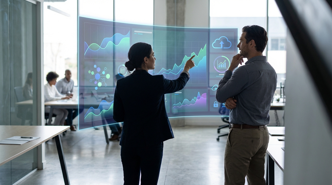 Deux professionnels analysent des données sur un écran holographique en bureau, symbolisant l'IA et l'innovation B2B.