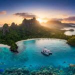 Beautiful archipelago landscape showcasing volcanic islands and lush greenery in Indonesia