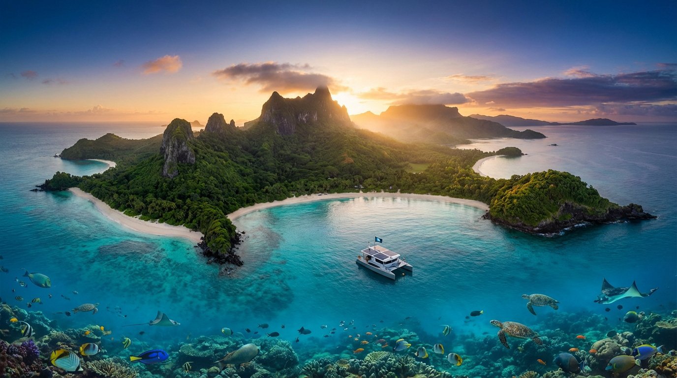 Beautiful archipelago landscape showcasing volcanic islands and lush greenery in Indonesia