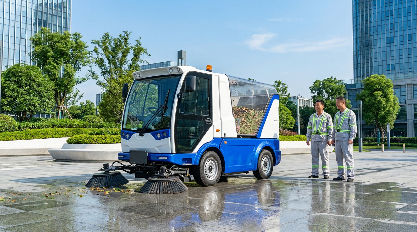 Un véhicule de nettoyage urbain bleu et blanc avec balais, à côté de deux agents en uniformes de travail souriants, devant des immeubles modernes.