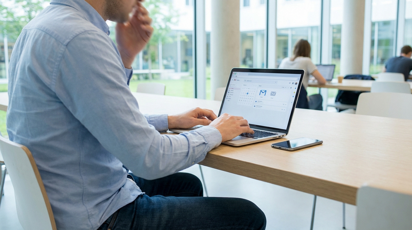 Homme travaillant sur un ordinateur portable affichant une interface d'e-mail et calendrier dans un espace lumineux. Un smartphone à côté.