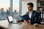 Dirigeant d'entreprise consultant un livre de stratégie business dans un bureau moderne, illustrant le concept d'auteur-entrepreneur et d'autorité de marque.