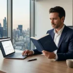 Dirigeant d'entreprise consultant un livre de stratégie business dans un bureau moderne, illustrant le concept d'auteur-entrepreneur et d'autorité de marque.