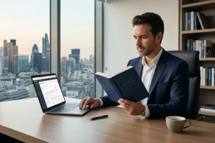 Dirigeant d'entreprise consultant un livre de stratégie business dans un bureau moderne, illustrant le concept d'auteur-entrepreneur et d'autorité de marque.