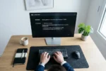 Interface de rédaction IA sur ordinateur avec texte en cours de génération, bureau professionnel