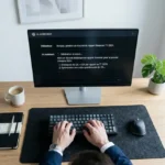 Interface de rédaction IA sur ordinateur avec texte en cours de génération, bureau professionnel