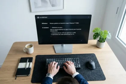 Interface de rédaction IA sur ordinateur avec texte en cours de génération, bureau professionnel