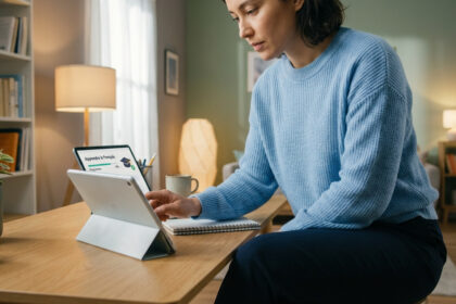 Femme en pull bleu apprend le français sur tablette et ordinateur. L'écran affiche 'Apprendre le Français' et une barre de progression.
