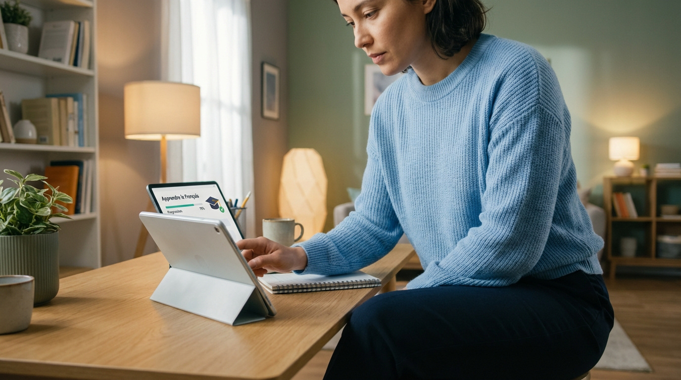 Femme en pull bleu apprend le français sur tablette et ordinateur. L'écran affiche 'Apprendre le Français' et une barre de progression.