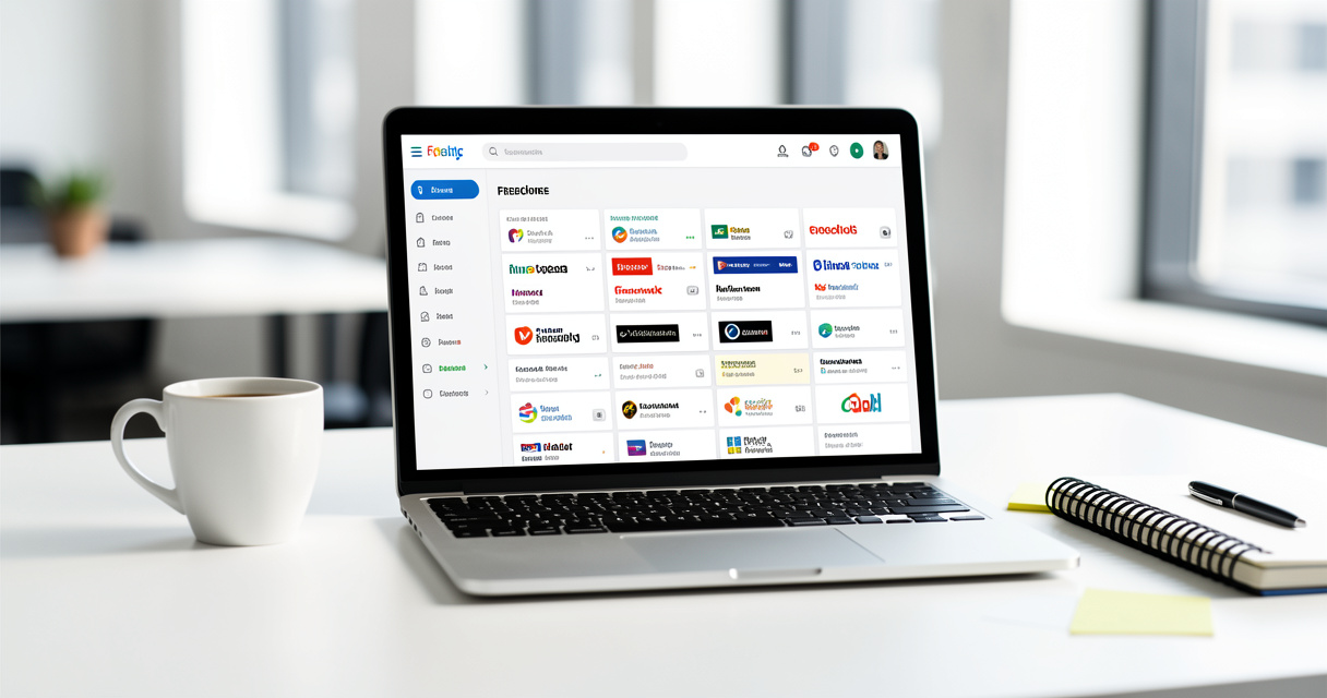 Setup de travail freelance avec écran affichant les plateformes freelance en 2026
