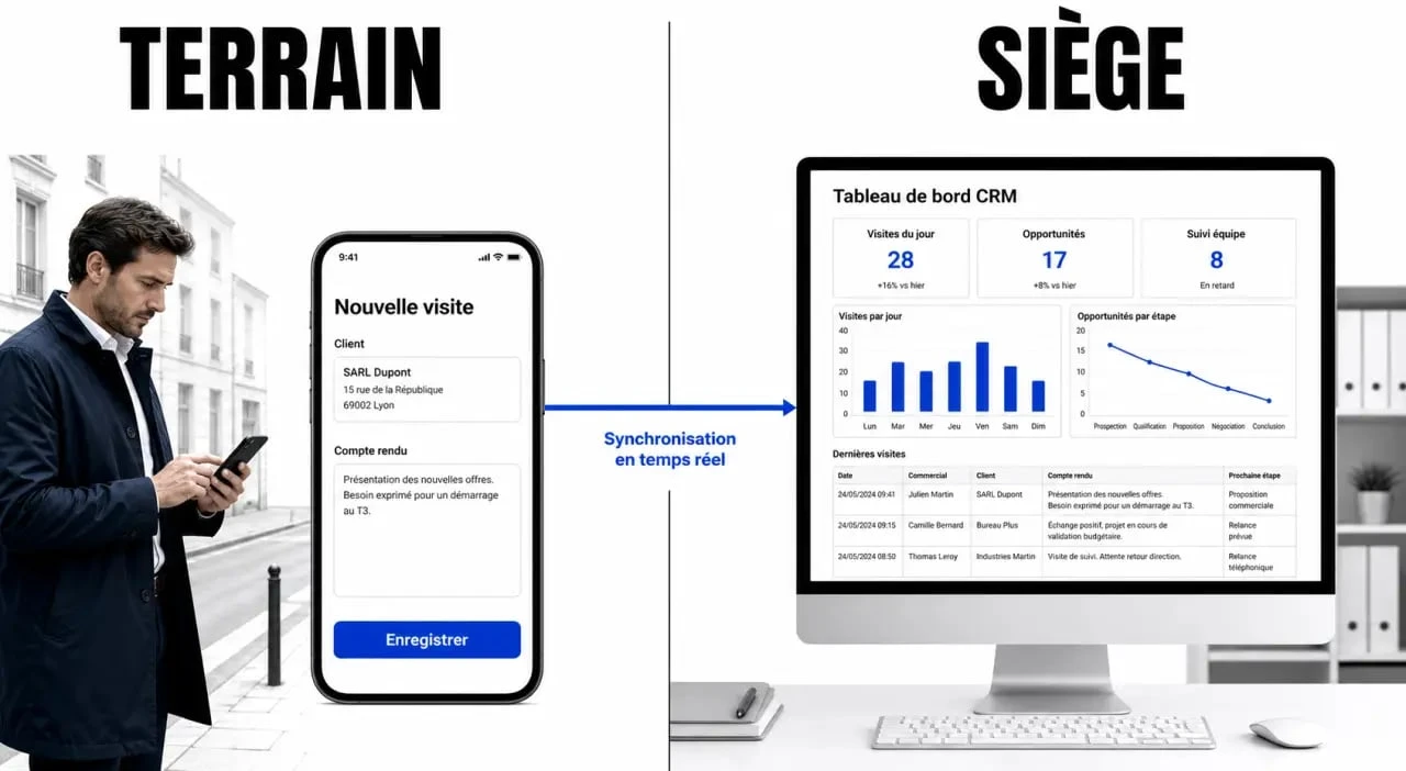Logiciel crm mobile fieldforce sync installation : illustration du déploiement et de la synchronisation entre terrain et bureau