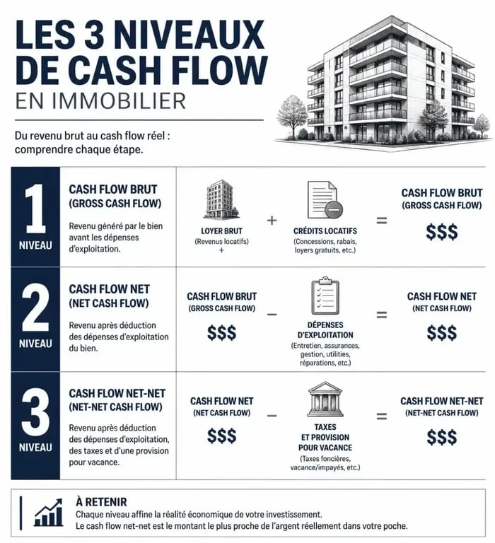 Schéma des trois niveaux de cash-flow immobilier : brut, net et net-net pour un investissement locatif