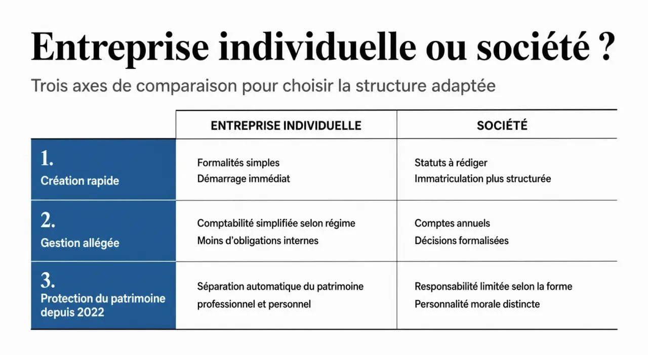Avantage d une entreprise individuelle : visualisation comparative de la création, de la fiscalité et de la protection du patrimoine