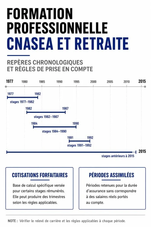 Chronologie de la formation professionnelle payée par CNASEA et retraite, avec périodes à vérifier et distinction entre cotisations forfaitaires et périodes assimilées