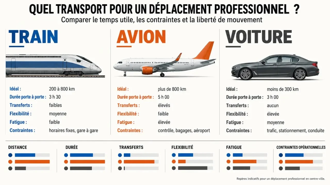 Infographie sur la gestion des déplacements en entreprise et le choix du moyen de transport
