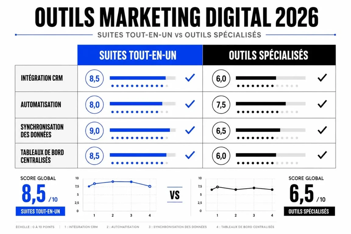 Meilleur outil marketing digital intégration logiciels 2026 : comparatif visuel des suites tout-en-un et des outils spécialisés