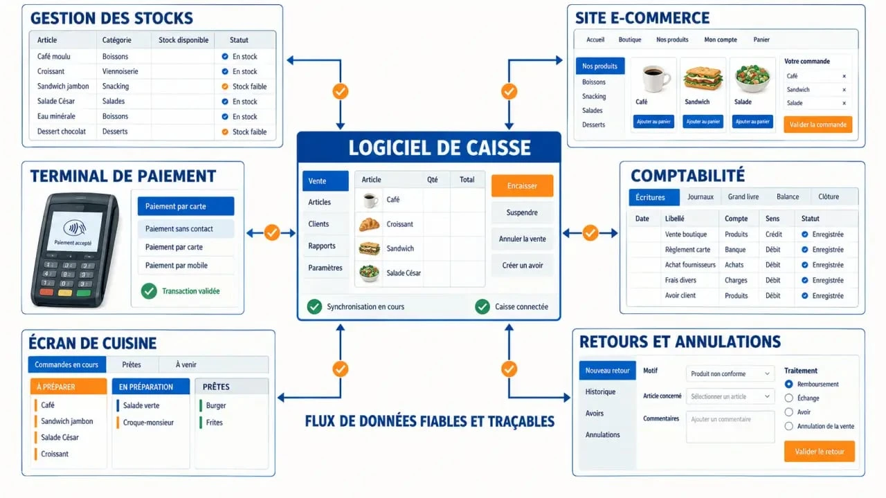 Infographie sur les connexions d’un logiciel de caisse avec les stocks, la comptabilité et le e-commerce