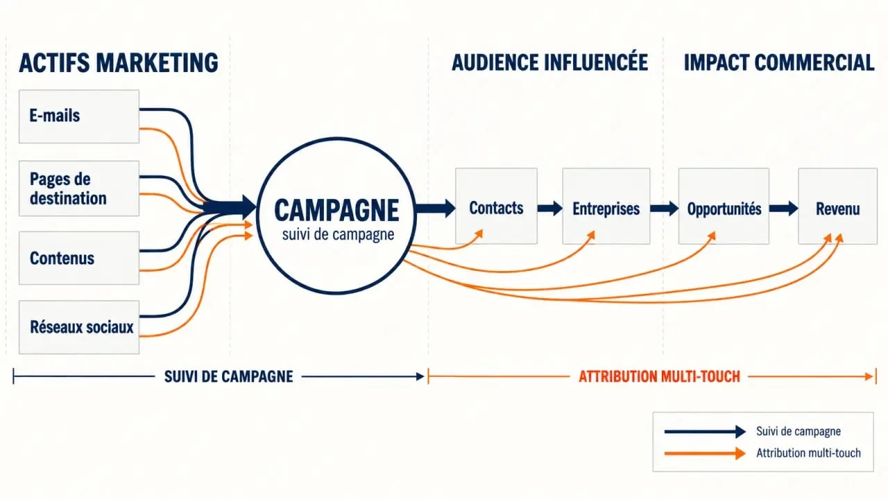 Schéma HubSpot gestion campagnes reportings entreprise reliant campagne, actifs, contacts influencés, opportunités et revenu