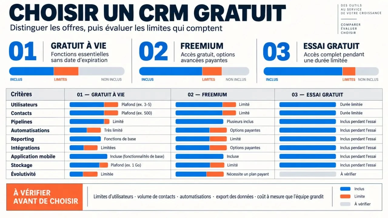 Logiciel CRM gratuit : infographie des différences entre gratuit à vie, freemium et essai gratuit