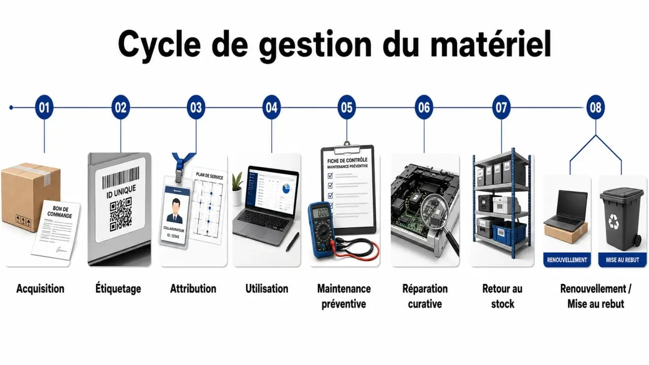 Schéma de gestion du matériel dans une entreprise avec inventaire, attribution et maintenance