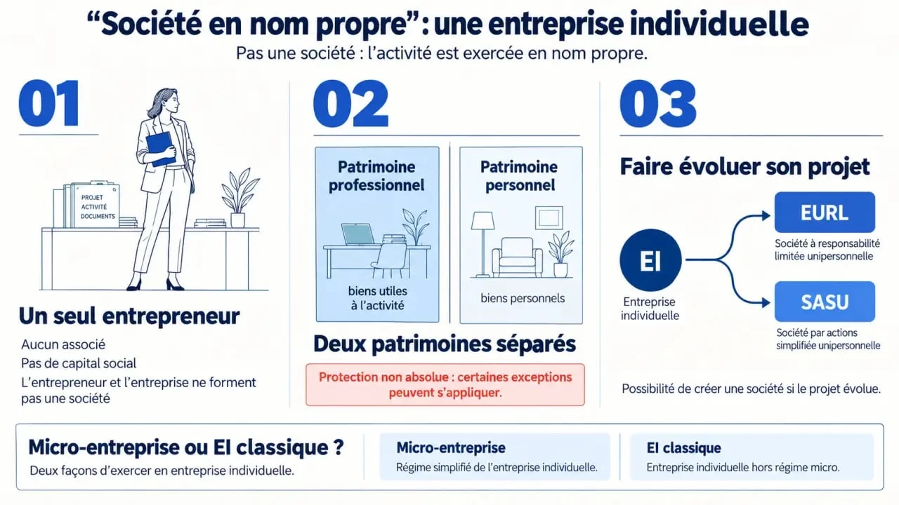Infographie expliquant la société au nom propre et le fonctionnement de l'entreprise individuelle