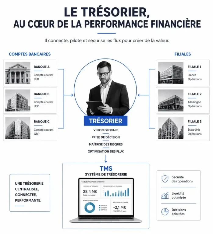 Schéma fonctionnel du rôle d'un gestionnaire de trésorerie et des flux financiers