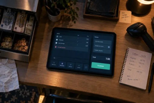 Logiciel de caisse sur tablette, tiroir-caisse et lecteur code-barres