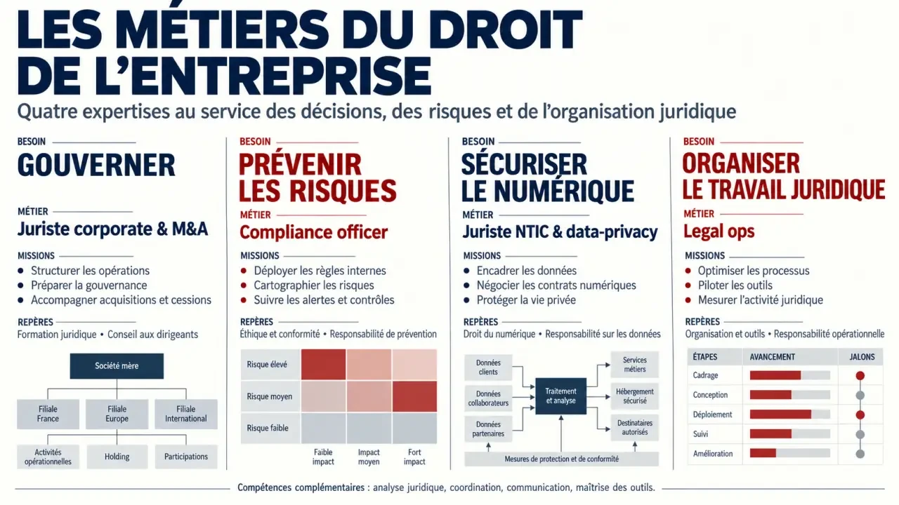 Métiers du droit entreprise juristesdavenir : rôles du juriste corporate, compliance officer, juriste NTIC et legal ops